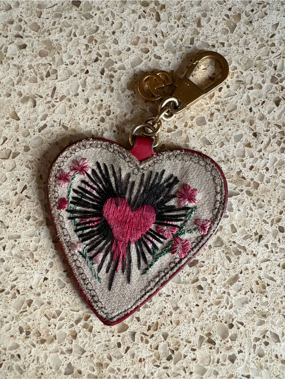 Gucci Heart Embroidered Leather Keychain